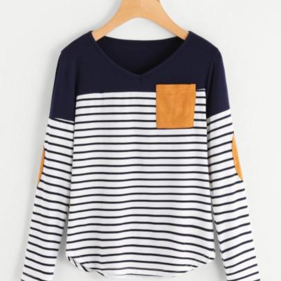 STRIPED ELBOW PATCH CURVED HEM T-SHIRT - Picture 1 of 1